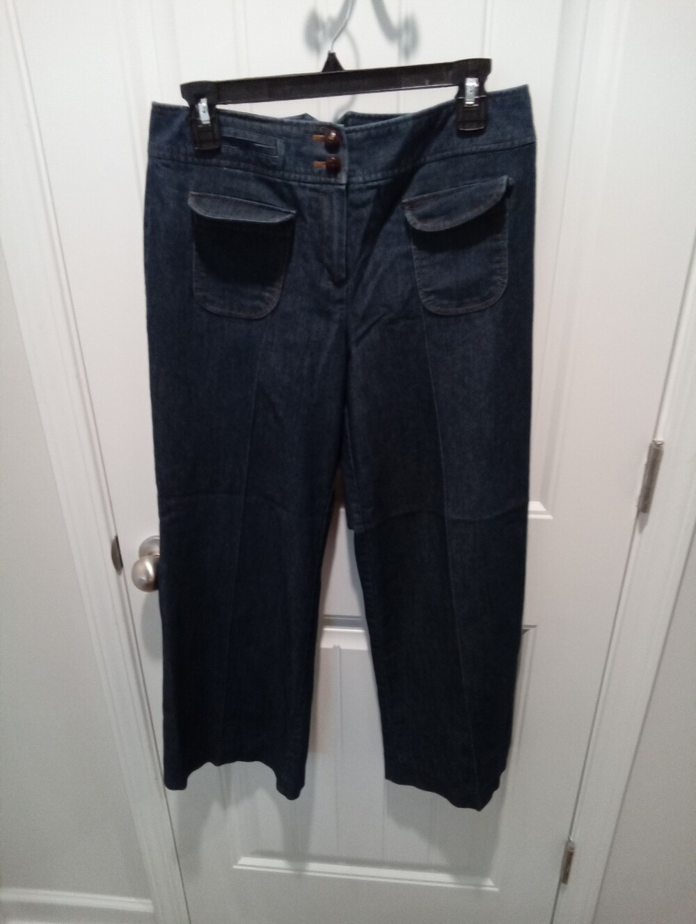 Larry Levine Stretch Size 8 Petite Dark Blue Denim Pants w/Patch Pockets